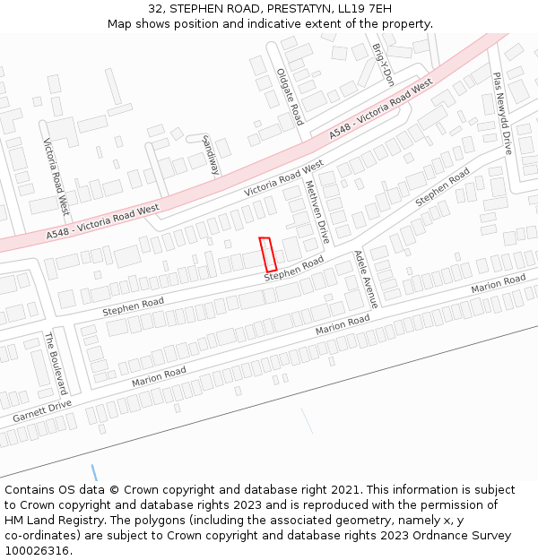 32, STEPHEN ROAD, PRESTATYN, LL19 7EH: Location map and indicative extent of plot