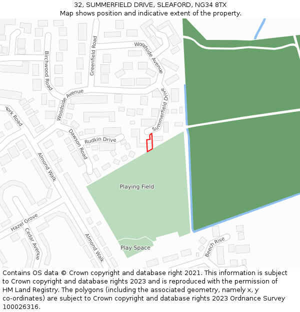 32, SUMMERFIELD DRIVE, SLEAFORD, NG34 8TX: Location map and indicative extent of plot