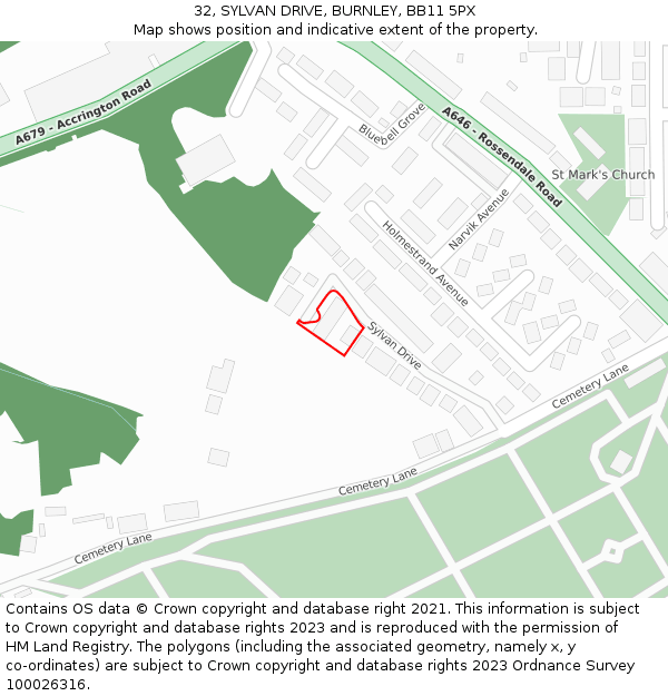 32, SYLVAN DRIVE, BURNLEY, BB11 5PX: Location map and indicative extent of plot