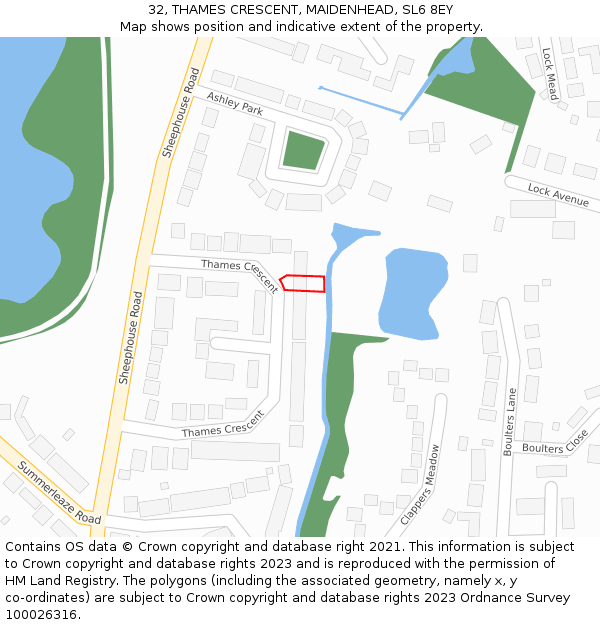 32, THAMES CRESCENT, MAIDENHEAD, SL6 8EY: Location map and indicative extent of plot