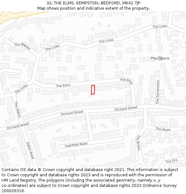 32, THE ELMS, KEMPSTON, BEDFORD, MK42 7JP: Location map and indicative extent of plot