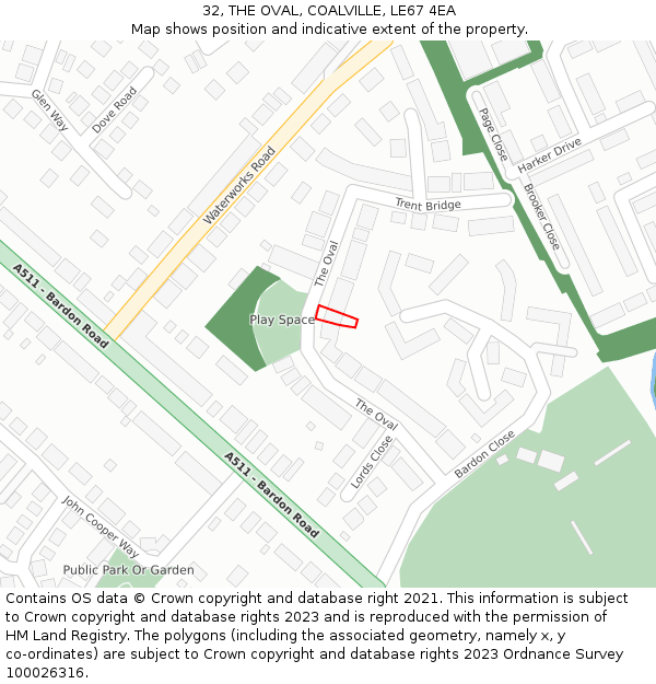 32, THE OVAL, COALVILLE, LE67 4EA: Location map and indicative extent of plot