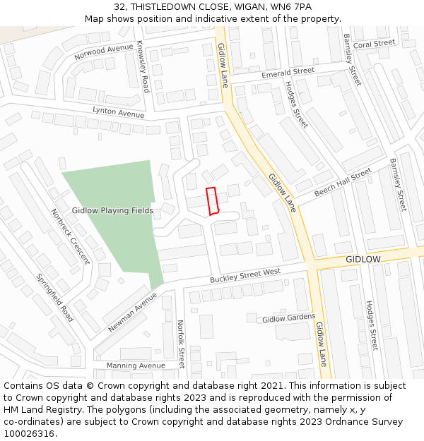 32, THISTLEDOWN CLOSE, WIGAN, WN6 7PA: Location map and indicative extent of plot