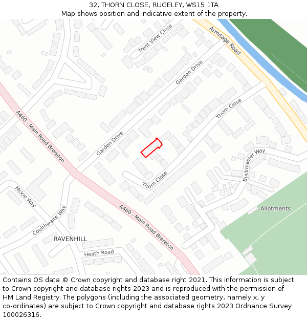 32, THORN CLOSE, RUGELEY, WS15 1TA: Location map and indicative extent of plot