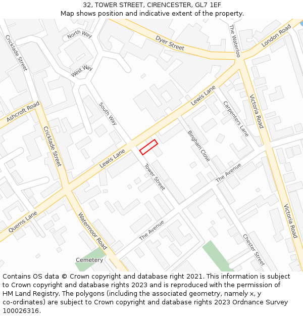 32, TOWER STREET, CIRENCESTER, GL7 1EF: Location map and indicative extent of plot