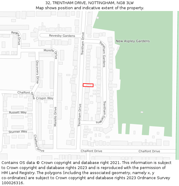 32, TRENTHAM DRIVE, NOTTINGHAM, NG8 3LW: Location map and indicative extent of plot