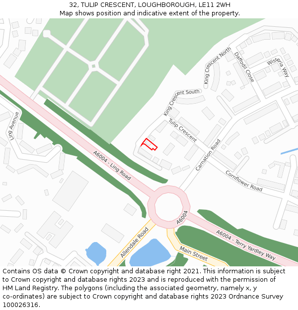 32, TULIP CRESCENT, LOUGHBOROUGH, LE11 2WH: Location map and indicative extent of plot