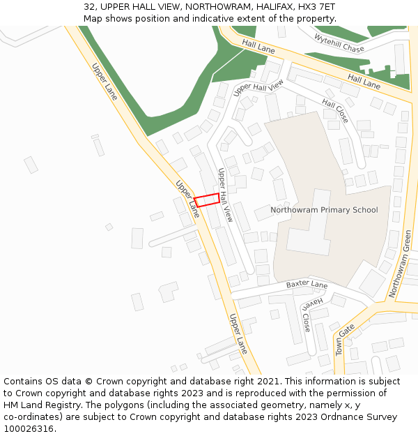 32, UPPER HALL VIEW, NORTHOWRAM, HALIFAX, HX3 7ET: Location map and indicative extent of plot