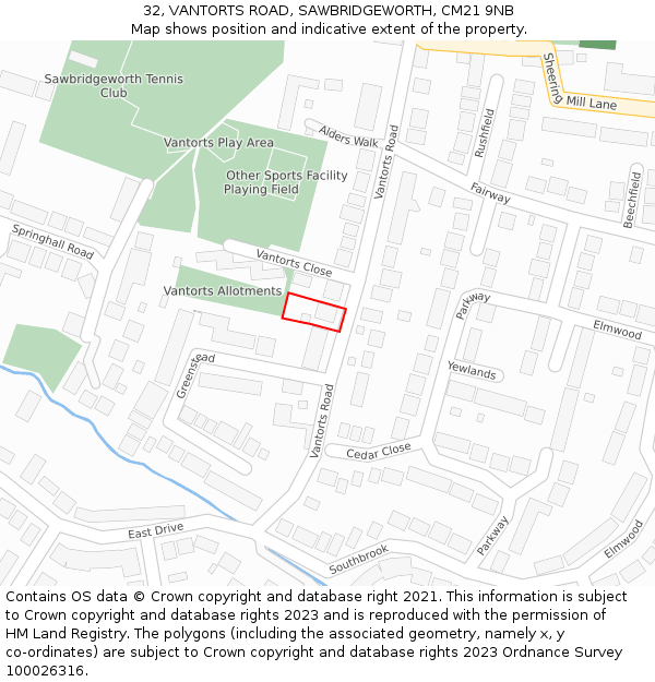 32, VANTORTS ROAD, SAWBRIDGEWORTH, CM21 9NB: Location map and indicative extent of plot