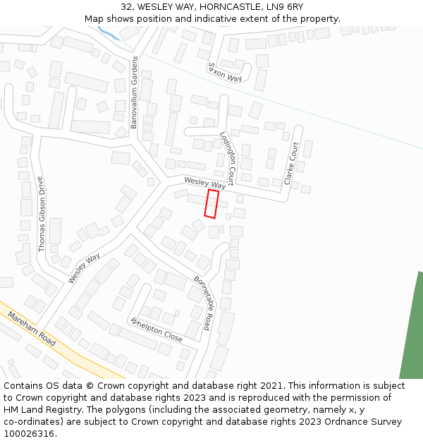 32, WESLEY WAY, HORNCASTLE, LN9 6RY: Location map and indicative extent of plot