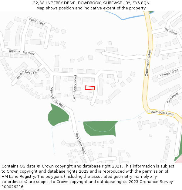 32, WHINBERRY DRIVE, BOWBROOK, SHREWSBURY, SY5 8QN: Location map and indicative extent of plot