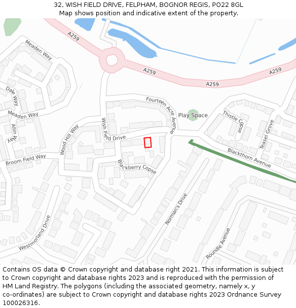 32, WISH FIELD DRIVE, FELPHAM, BOGNOR REGIS, PO22 8GL: Location map and indicative extent of plot