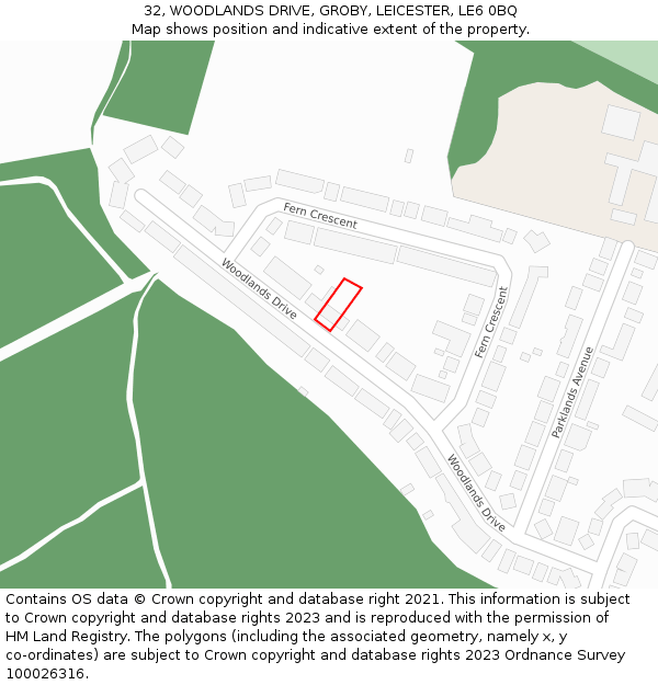 32, WOODLANDS DRIVE, GROBY, LEICESTER, LE6 0BQ: Location map and indicative extent of plot