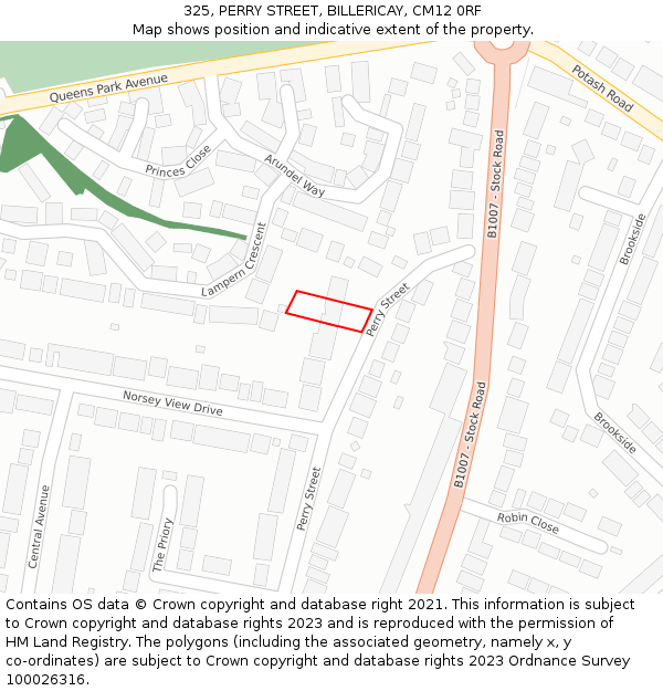 325, PERRY STREET, BILLERICAY, CM12 0RF: Location map and indicative extent of plot