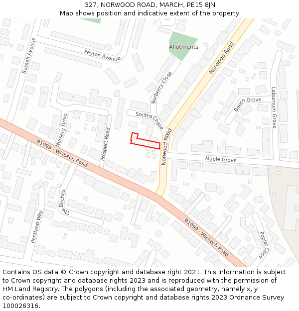 327, NORWOOD ROAD, MARCH, PE15 8JN: Location map and indicative extent of plot