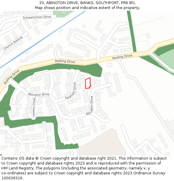 33, ABINGTON DRIVE, BANKS, SOUTHPORT, PR9 8FL: Location map and indicative extent of plot