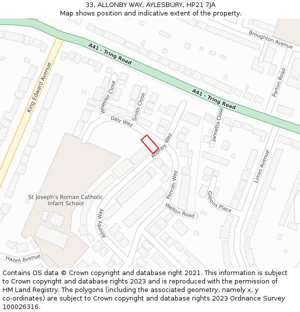 33, ALLONBY WAY, AYLESBURY, HP21 7JA: Location map and indicative extent of plot