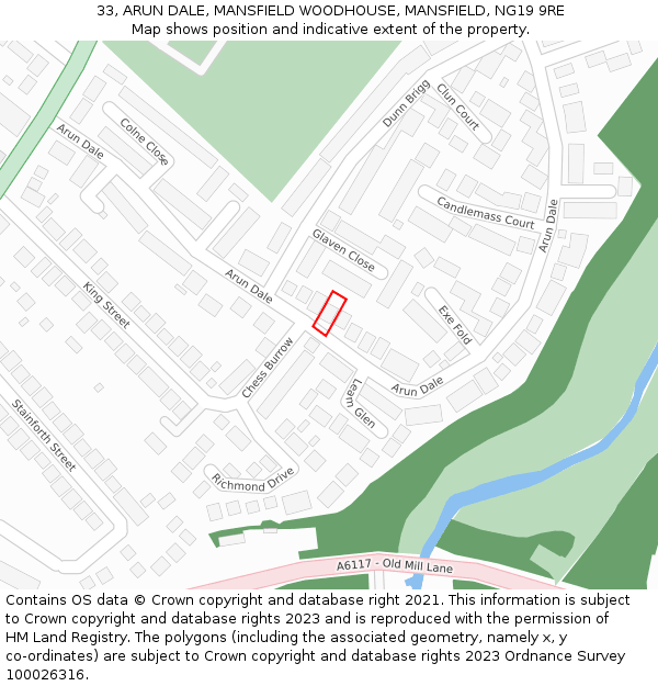 33, ARUN DALE, MANSFIELD WOODHOUSE, MANSFIELD, NG19 9RE: Location map and indicative extent of plot