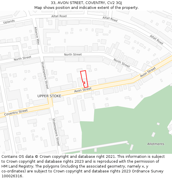 33, AVON STREET, COVENTRY, CV2 3GJ: Location map and indicative extent of plot