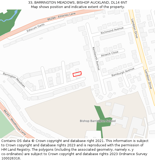 33, BARRINGTON MEADOWS, BISHOP AUCKLAND, DL14 6NT: Location map and indicative extent of plot