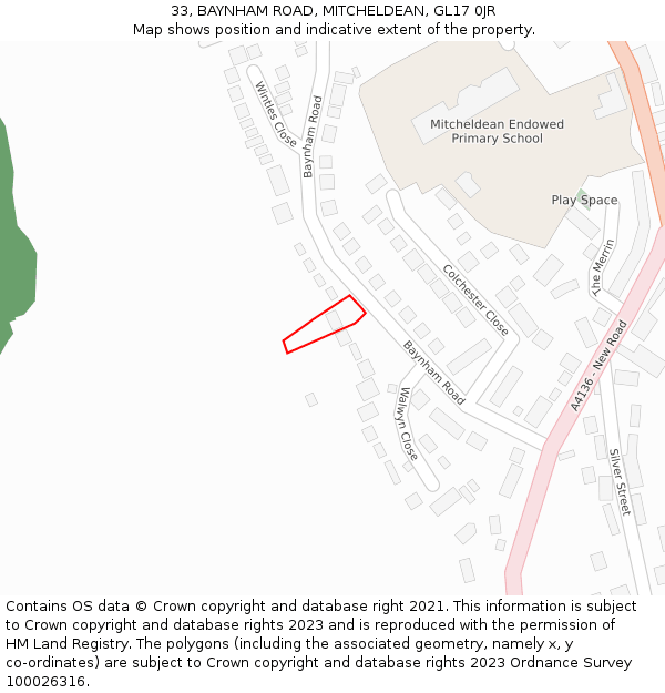 33, BAYNHAM ROAD, MITCHELDEAN, GL17 0JR: Location map and indicative extent of plot