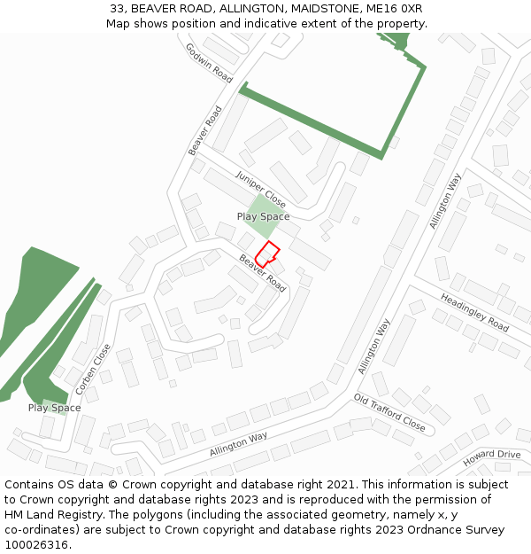 33, BEAVER ROAD, ALLINGTON, MAIDSTONE, ME16 0XR: Location map and indicative extent of plot