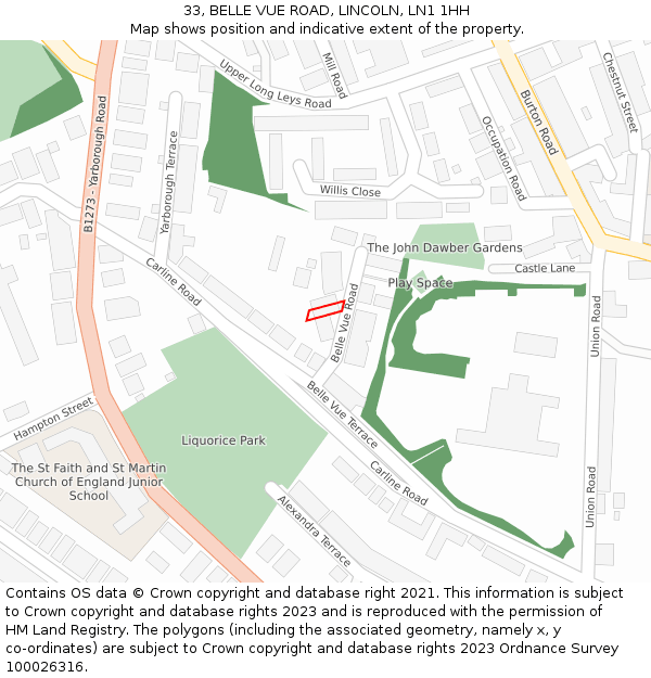 33, BELLE VUE ROAD, LINCOLN, LN1 1HH: Location map and indicative extent of plot