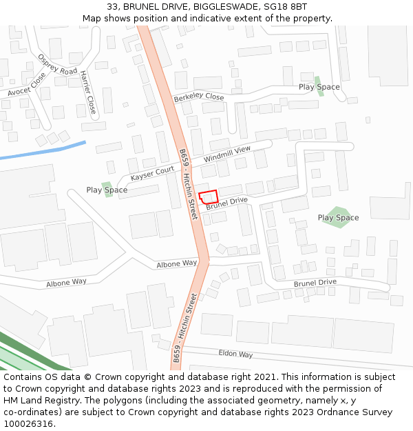 33, BRUNEL DRIVE, BIGGLESWADE, SG18 8BT: Location map and indicative extent of plot