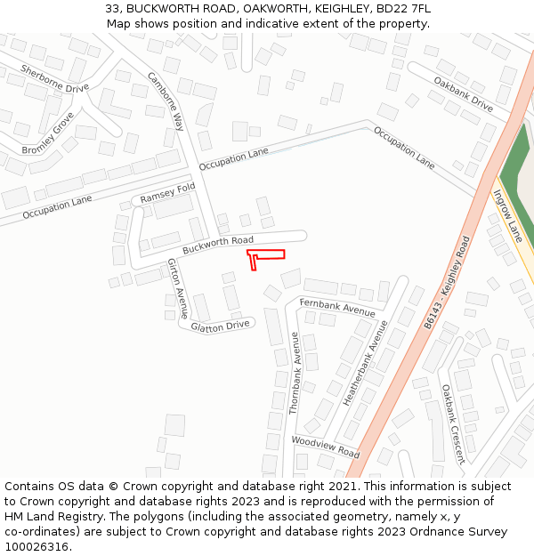 33, BUCKWORTH ROAD, OAKWORTH, KEIGHLEY, BD22 7FL: Location map and indicative extent of plot