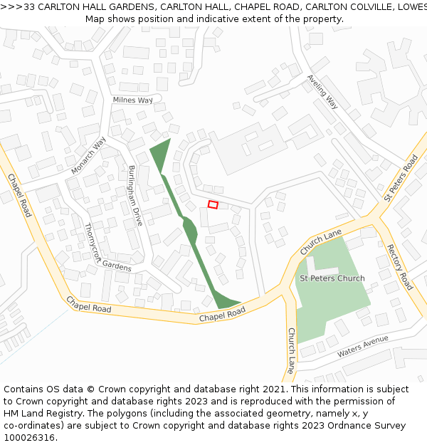 33 CARLTON HALL GARDENS, CARLTON HALL, CHAPEL ROAD, CARLTON COLVILLE, LOWESTOFT, NR33 8BL: Location map and indicative extent of plot