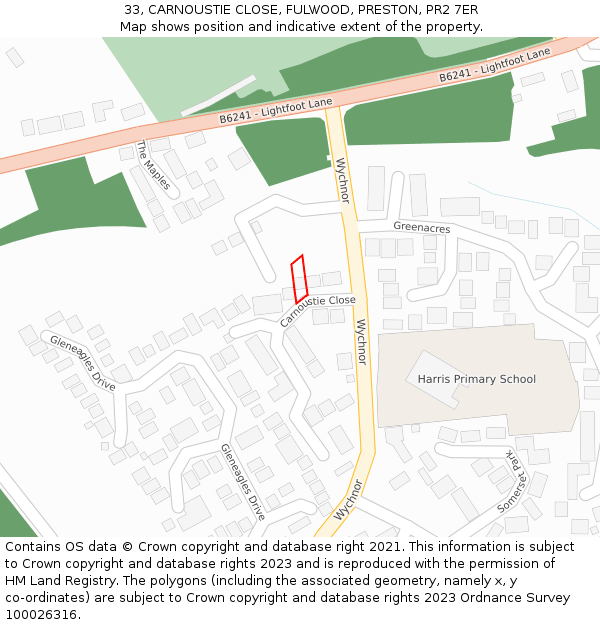 33, CARNOUSTIE CLOSE, FULWOOD, PRESTON, PR2 7ER: Location map and indicative extent of plot