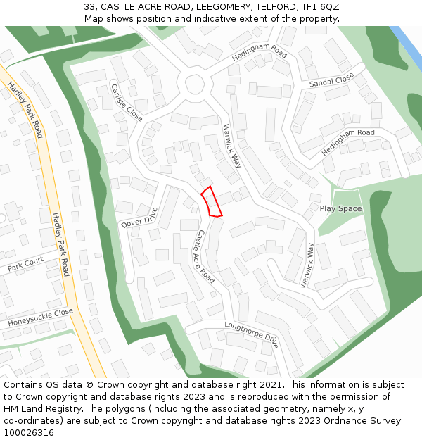 33, CASTLE ACRE ROAD, LEEGOMERY, TELFORD, TF1 6QZ: Location map and indicative extent of plot