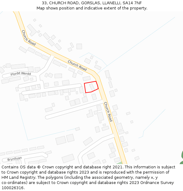 33, CHURCH ROAD, GORSLAS, LLANELLI, SA14 7NF: Location map and indicative extent of plot