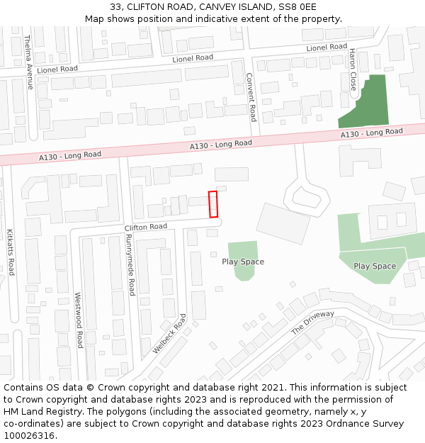 33, CLIFTON ROAD, CANVEY ISLAND, SS8 0EE: Location map and indicative extent of plot