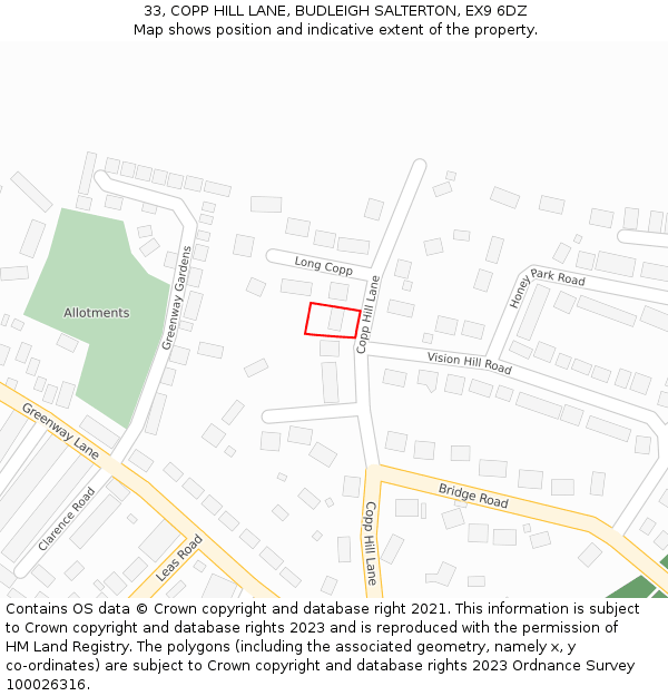 33, COPP HILL LANE, BUDLEIGH SALTERTON, EX9 6DZ: Location map and indicative extent of plot