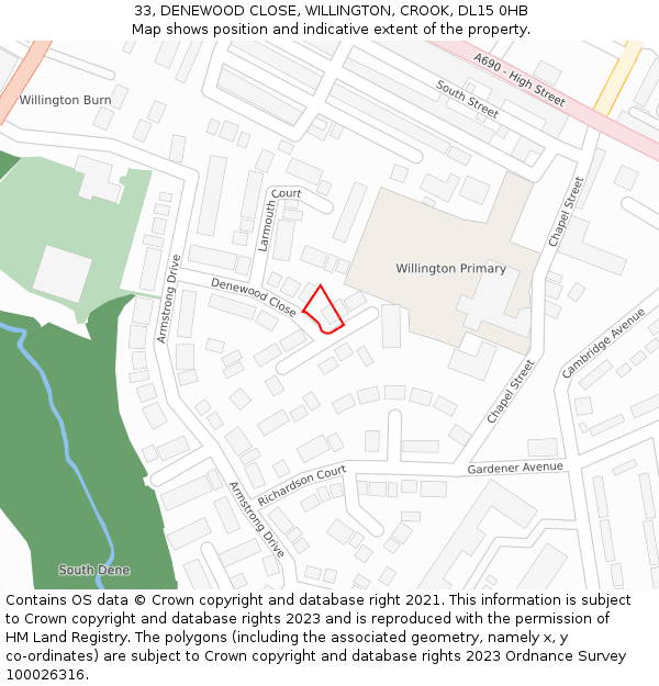 33, DENEWOOD CLOSE, WILLINGTON, CROOK, DL15 0HB: Location map and indicative extent of plot