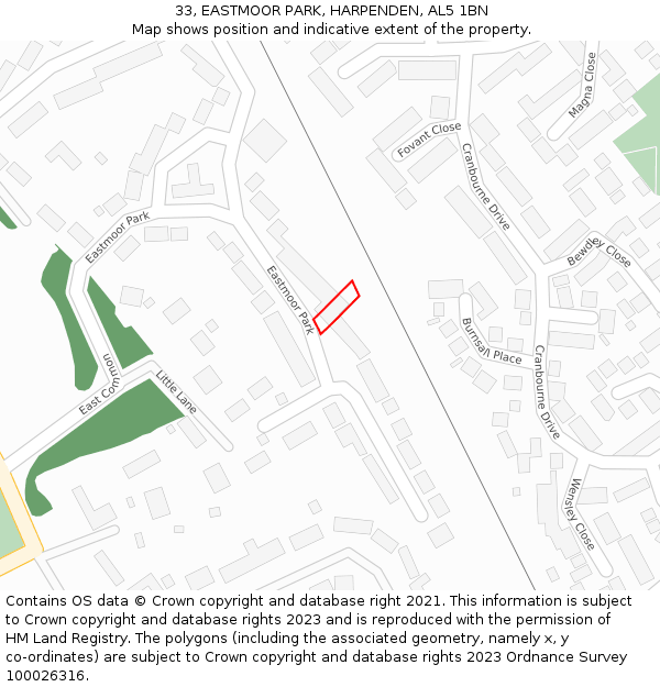 33, EASTMOOR PARK, HARPENDEN, AL5 1BN: Location map and indicative extent of plot