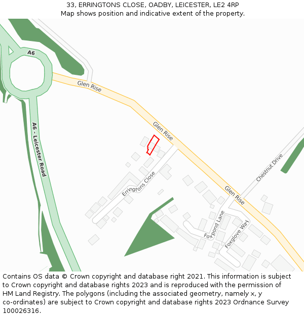 33, ERRINGTONS CLOSE, OADBY, LEICESTER, LE2 4RP: Location map and indicative extent of plot