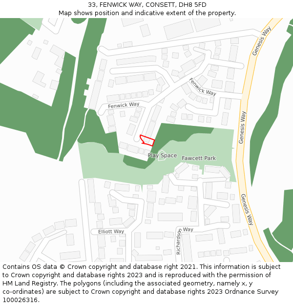 33, FENWICK WAY, CONSETT, DH8 5FD: Location map and indicative extent of plot