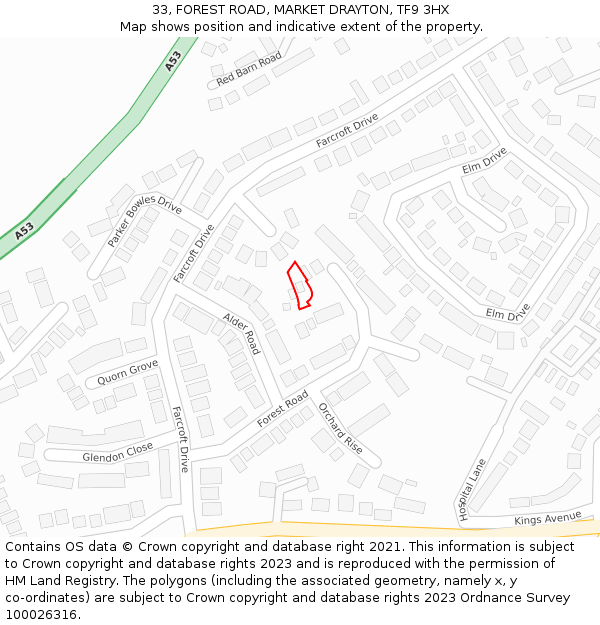 33, FOREST ROAD, MARKET DRAYTON, TF9 3HX: Location map and indicative extent of plot