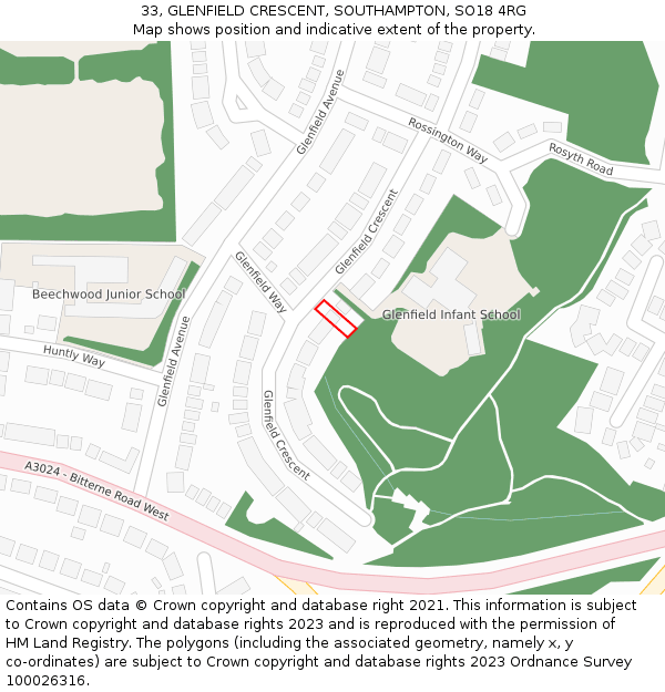 33, GLENFIELD CRESCENT, SOUTHAMPTON, SO18 4RG: Location map and indicative extent of plot