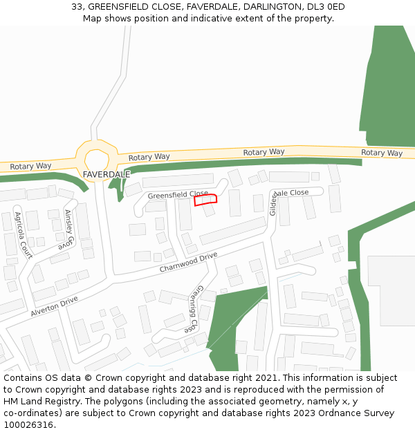 33, GREENSFIELD CLOSE, FAVERDALE, DARLINGTON, DL3 0ED: Location map and indicative extent of plot