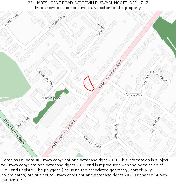 33, HARTSHORNE ROAD, WOODVILLE, SWADLINCOTE, DE11 7HZ: Location map and indicative extent of plot