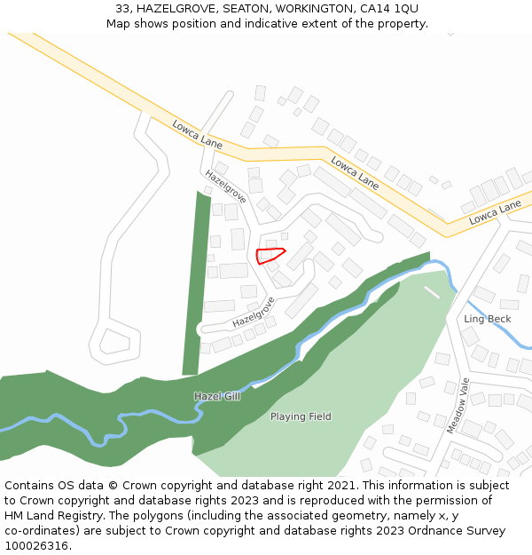 33, HAZELGROVE, SEATON, WORKINGTON, CA14 1QU: Location map and indicative extent of plot