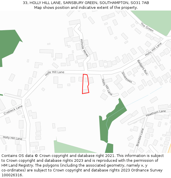 33, HOLLY HILL LANE, SARISBURY GREEN, SOUTHAMPTON, SO31 7AB: Location map and indicative extent of plot