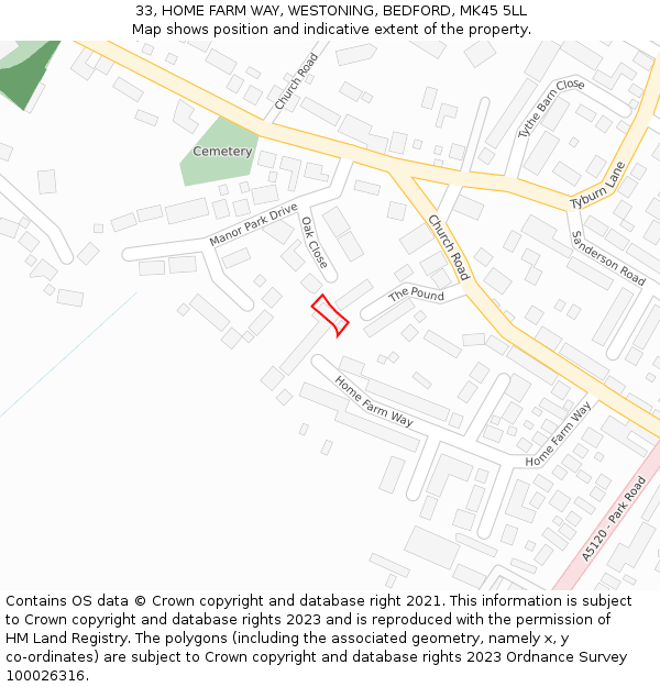 33, HOME FARM WAY, WESTONING, BEDFORD, MK45 5LL: Location map and indicative extent of plot