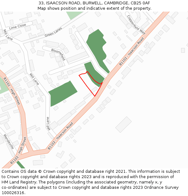 33, ISAACSON ROAD, BURWELL, CAMBRIDGE, CB25 0AF: Location map and indicative extent of plot