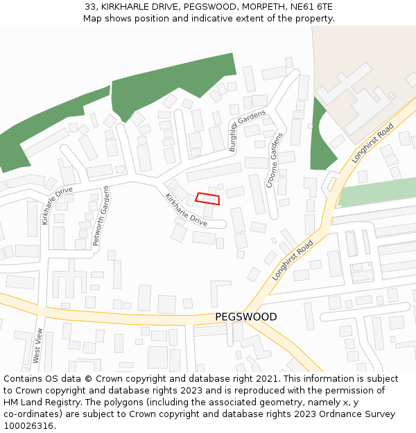 33, KIRKHARLE DRIVE, PEGSWOOD, MORPETH, NE61 6TE: Location map and indicative extent of plot