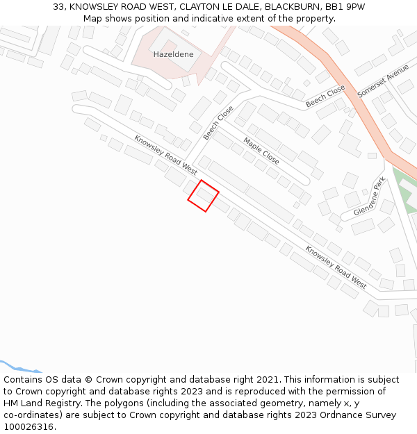 33, KNOWSLEY ROAD WEST, CLAYTON LE DALE, BLACKBURN, BB1 9PW: Location map and indicative extent of plot