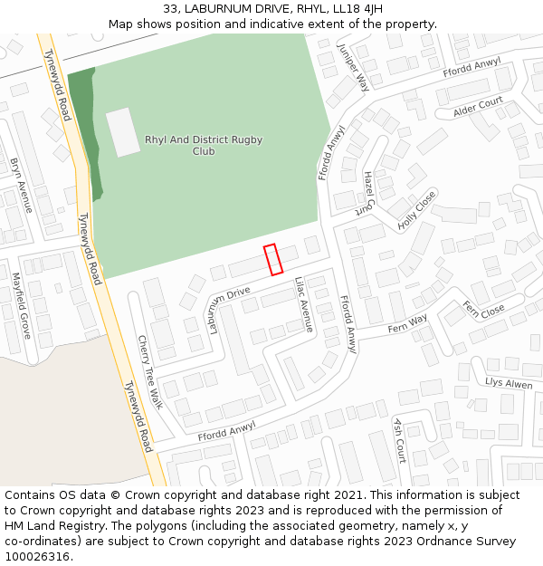 33, LABURNUM DRIVE, RHYL, LL18 4JH: Location map and indicative extent of plot